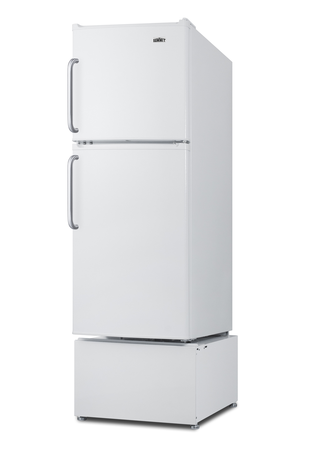 Two-door ENERGY STAR qualified refrigerator-freezer with pedestal to raise height and towel bar handles for easier accessibility in senior living facilities